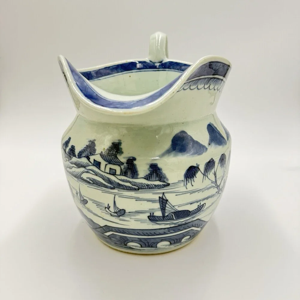 Antique Chinese Blue & White Canton Export Porcelain Large Pitcher 9”H x12” L